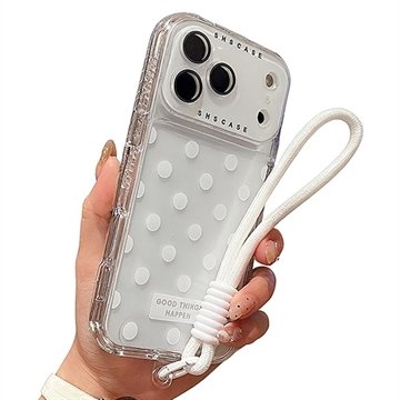 iPhone 17 Pro Max PC / TPU deksel med linsefilm og stropp   Polka Dot   Hvit