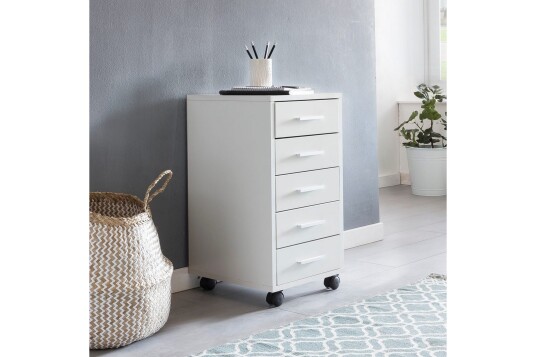 Rullecontainer Wohnling 5 skuffer med hjul foliert sponplate moderne stil Hvit Hvit