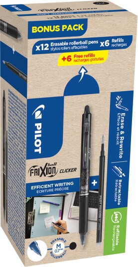Pilot FriXion Ball Clicker Kulepenn kan viskes bort, 12-pakk Svart, Markere & markører