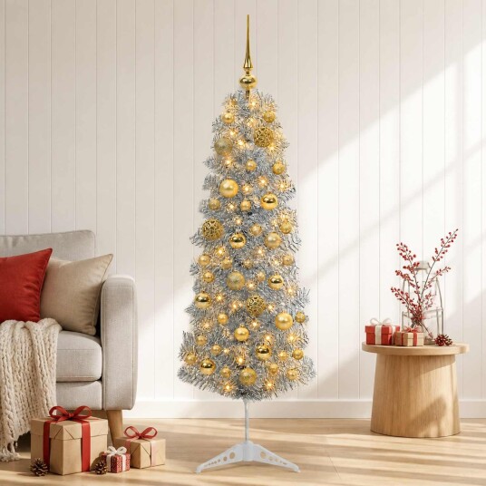 vidaXL Kunstig smalt juletre med julekuler 150 cm 150 LED-lys Varmhvit