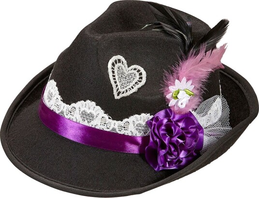 Svart Fedora Oktoberfesthatt med Lilla Bånd, Blomster og Fjær