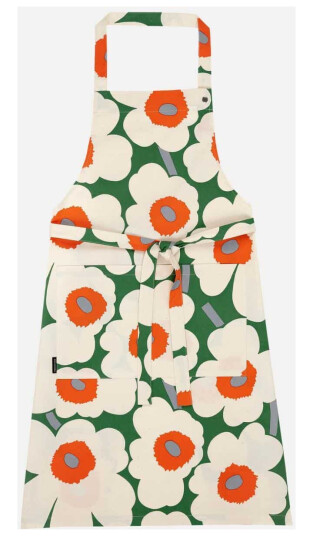 Marimekko forkle Pieni Unikko green cotton orange