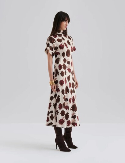 Malina Alivia Short Sleeve Satin Midi Dress Red M