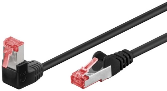Goobay Patchkabel CAT 6 1x 90° vinklad S/FTP  PiMF  svart 0,5 m kopparledare  CU  halogenfri kabelhölje  LSZH  snäpplås på toppen