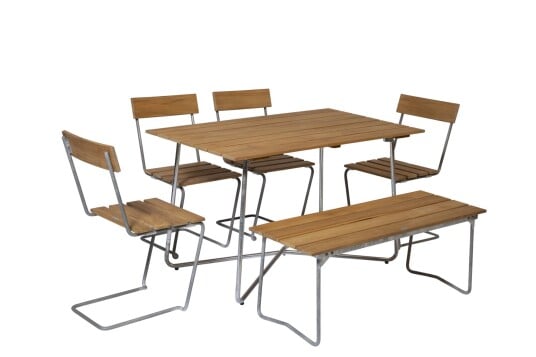 Grythyttan Stålmöbler B25 spisegruppe Teak/galvanisert stål 4 stoler, benk 110 cm & bord 120 x 70 cm