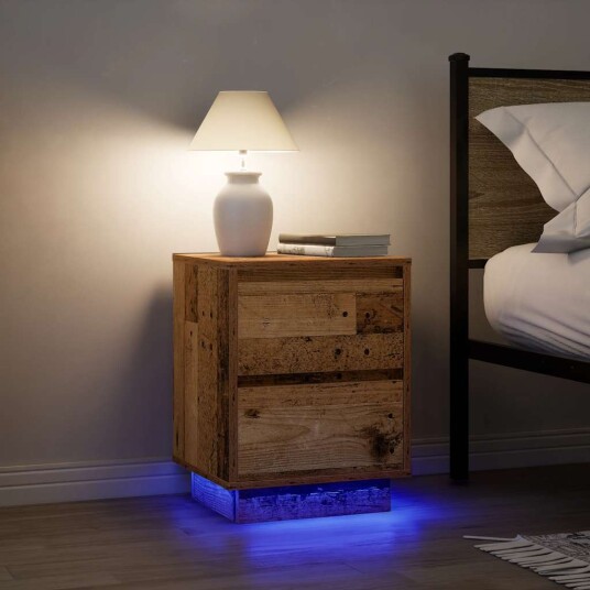  Nattskap med LED lys 2 stk gammelt tre 38x34x50 cm