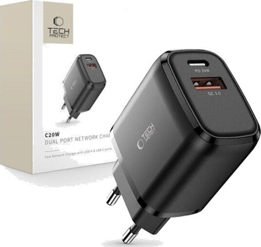 Tech-Protect C20W USB-C PD 20W / USB-A QC 3.0 Mains Charger - Black