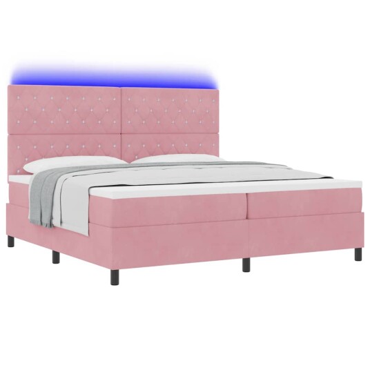 LED Box Springer Bed med madrass Rosa 200 x 200 cm Fløyel