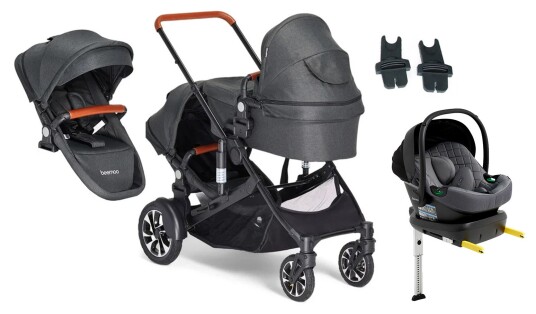 Beemoo Maxi 4 Twin Søskenvogn Inkl. Søskensete &  Beemoo Route i-Size Babybilstol &  Base Black/Mineral Grey