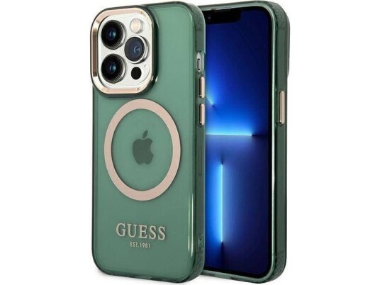 Guess Guhmp14xhtcma Iphone 14 Pro Max 6,7" Žalias/Khaki Kietas Dėklas Gold Outline Permatomas Magsafe