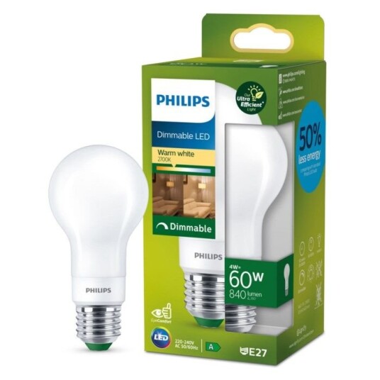Philips Ultra Efficient E27 Dimbar LED-pære 840 lm Philips Ultra Efficient E27 Dimbar LED-pære 840 lm