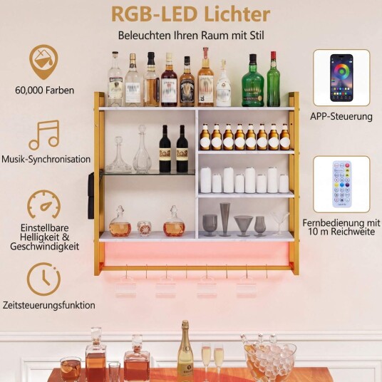 Flytende vegghylle med RGB LED 6 nivåer kroker og lomme