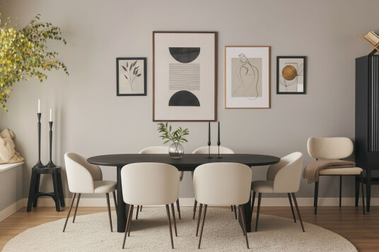 Bark Noira Ovalt Spisebord 220 cm med 6 Greya Spisestoler med armlener Svart / Hvit Bouclé / Metallben Valnøtt