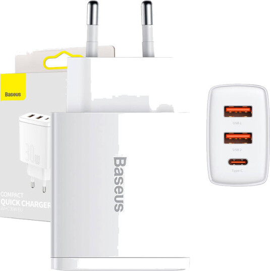 Baseus 30W Hurtiglader med 2xUSB-A og USB-C PD - Hvit