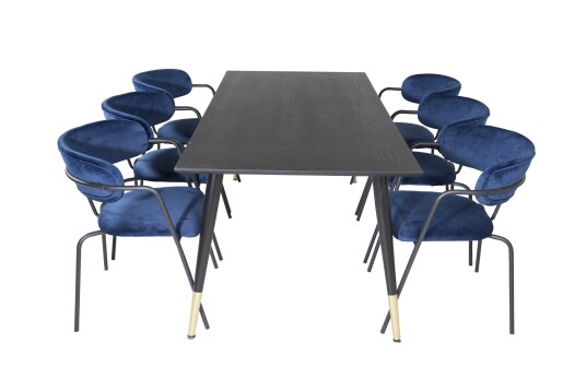 Venture Design Dipp & Arrow spisegruppe Svart/blå 6 st stoler & bord 180 x 90 cm