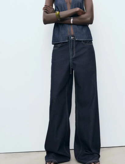 Mango Low Waist Wide Leg Jeans - Navy - 36