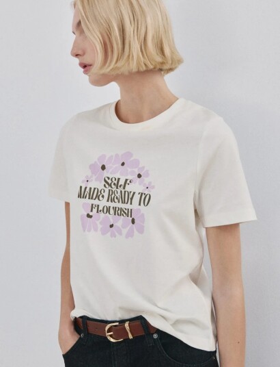 Mango Printed Cotton Blend T Shirt   Cream   L