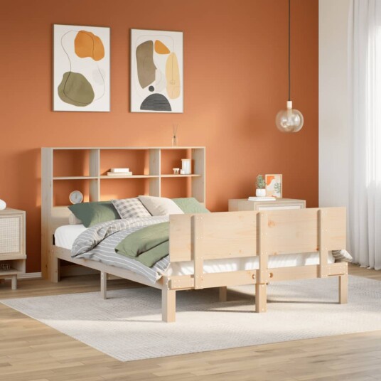 Seng med bokhylle uten madrass 140x190 cm heltre furu 8721158614452