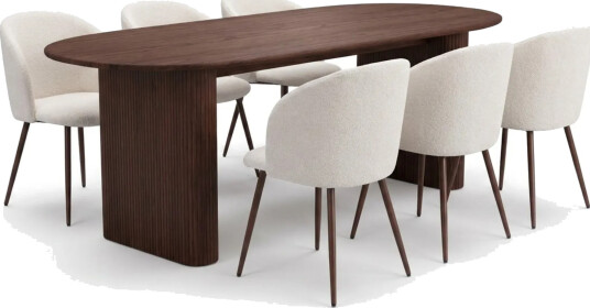 Spisegruppe Bark Noira 220 cm Valnøtt Hvit bouclé/metalben valnøtt 6