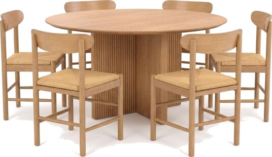 Edda spisegruppe rund 130 cm eik med 6 Malte spisestoler