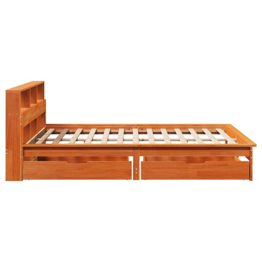 Seng med bokhylle uten madrass voksbrun 150x200 cm heltre furu 8721158409836
