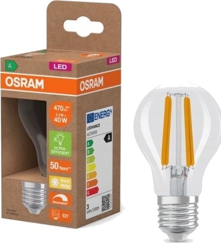 Osram Led Standard Filament 470Lm 2,2W/827 40W E27 Energiklasse A Dæmpbar