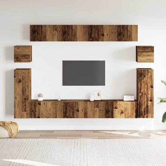  TV-skapsett 8 deler veggmontert gammelt tre konstruert tre 8721158760418