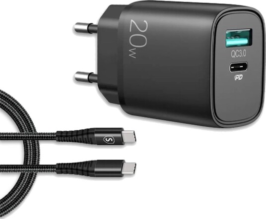SiGN ekstrem hurtiglader for Samsung USB og USB-C 20W med USB-C-kabel Svart