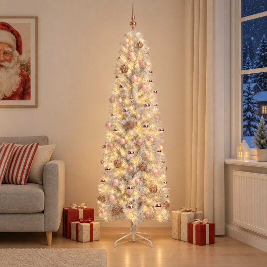 vidaXL Kunstig smalt juletre med julekuler 240 cm 300 LED-lys Varmhvit