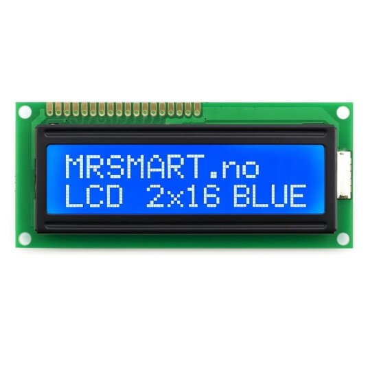 LCD skjerm 2x16 tegn med blått bakgrunnslys HD44780 kompatibel