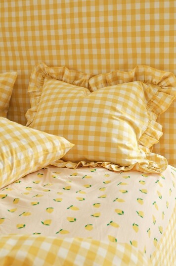 Ellos Home Putetrekk Sonneli Check Frill PC i bomull Gul