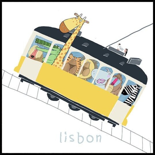Famous Lisbon Yellow Tram with Jungle Animals by Carla Daly Plakat Plakat / 40x40cm
