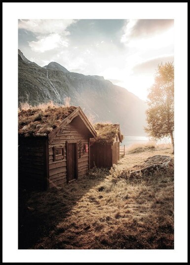 Rustic Houses at Sunset by Lovatnet Lake Plakat Plakat / 70x100cm