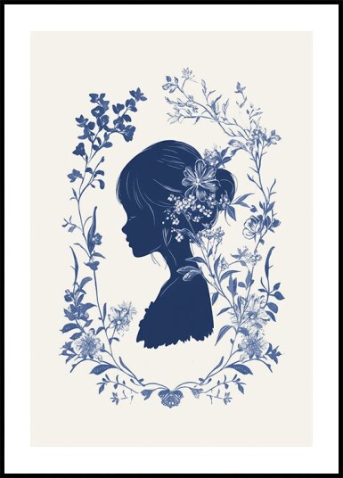Floral Silhouette Girl in Bloom Indigo Botanical Plakat Plakat / 21x30cm