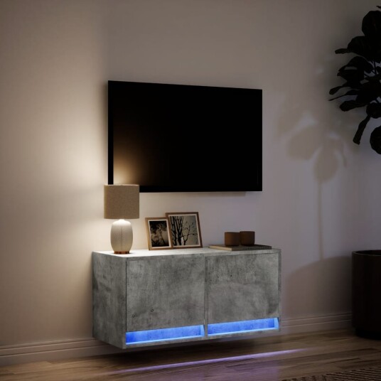 Vegghengt TV-benk med LED-lys betonggrå 80x31x35 cm 852358
