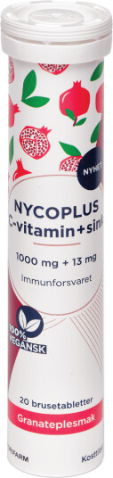 Nycoplus C-vitamin 1000 mg + sink 13 mg brusetabletter, Granateple, 20 stk.