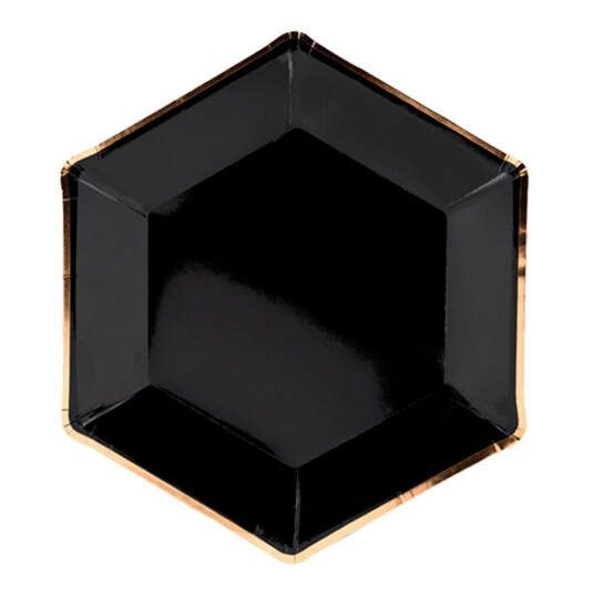 PartyDeco Papptallerkener Svart Gullkant Hexagon Celebrate - 6-pakning