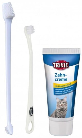 Trixie Tannpleie sett for katt 2 børster + tannkrem m ost smaken