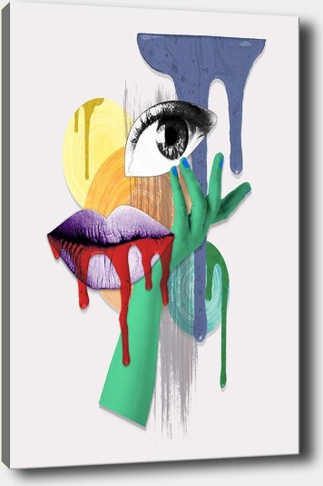 Lerretsbilde 70x100 cm Et surrealistisk portrett med et øye lepper og en hånd i livlige farger Grønn / Lilla / Rød