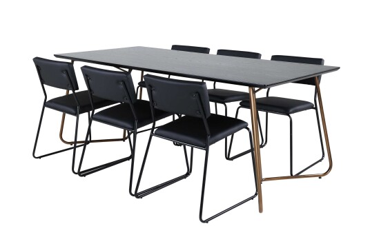 Venture Design Petra & Kenth spisegruppe Svart/svart 6 stoler & bord 190 x 90 cm