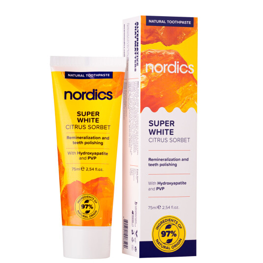 Naturlig hydroksyapatitt tannkrem NORDICS Super White Citrus Sorbet 75 ml