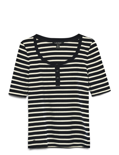 Lauren Ralph Lauren Striped Elbow-Sleeve Henley Top - Black - L Lauren Ralph Lauren Striped Elbow-Sleeve Henley Top - Black - L