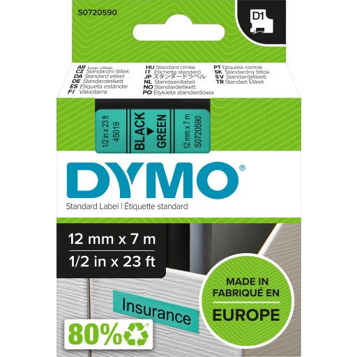 Dymo D1 12mm Svart på Grønn Merketape – 7m Rull