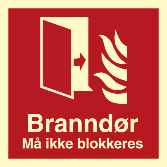 Branndør. Må ikke blokeres Brannskilt Etterlysende plast 200 x 200 mm