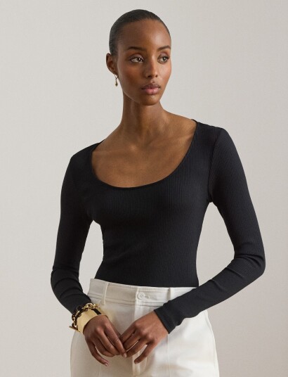 Lauren Ralph Lauren Rib Knit Long Sleeve Scoopneck Tee Black XS