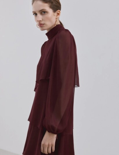 Mango Ruffle Dress With Draped Neckline Burgundy XS Mango Ruffle Dress With Draped Neckline Burgundy XS