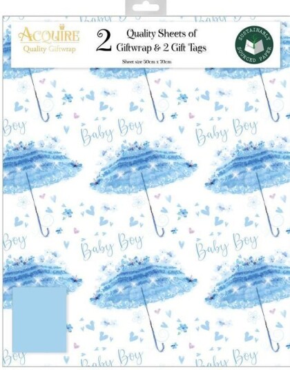 2 stk Baby Boy Gavepapir med 2 stk Navnelapper 50x70cm
