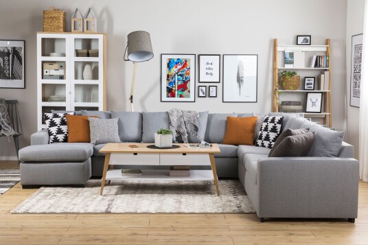 Crazy 7 seters Venstrevendt U formet XX Large Hjørnesofa med Divan i Stoff Grå