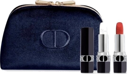 Dior Set Christian : Couture Colour Velvet Cream Lipstick 720 Icone Refillable 3.5 Ml + Couture Colour Lip Balm 000 Diornatural Refill 3.5 G + Textile Makeup Bag Blue 