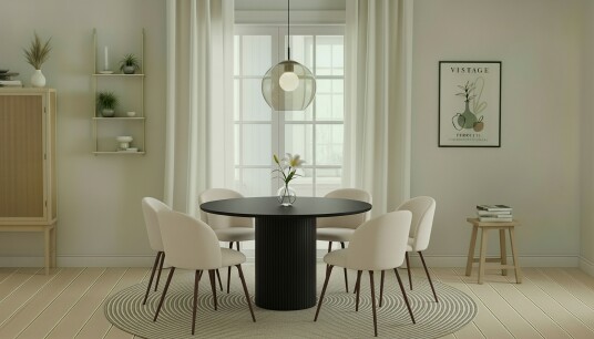 Bark Kopparbo Rundt Spisebord 130 cm med 6 Greya Spisestoler med armlener Svart tre / Hvit Bouclé / Metallben Valnøtt